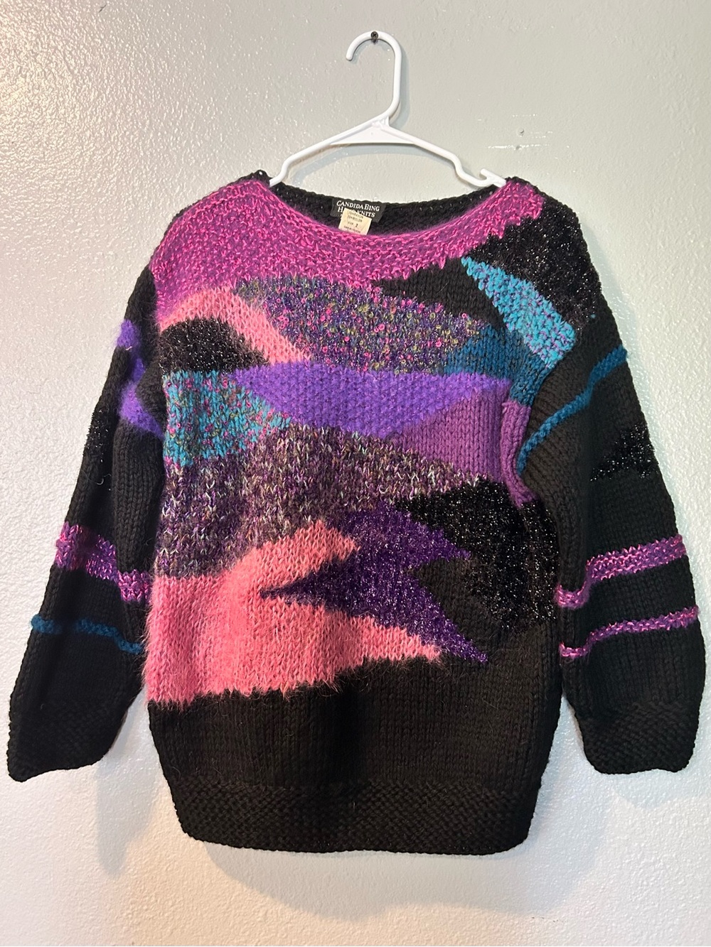 VTG Candida Bing Hand Knits Italy Wool Angora Abstract Fuzzy Sweater Sz 2